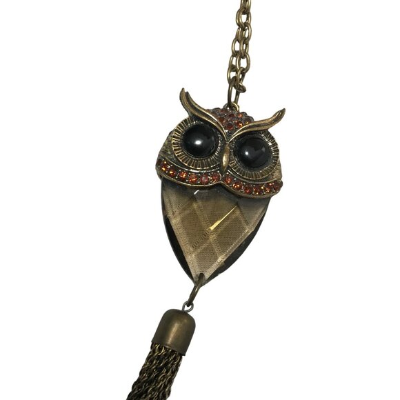 Vintage Owl Pendant Necklace by Katherine Karambelas Tassel & Rhinestone Accents - Picture 2 of 8